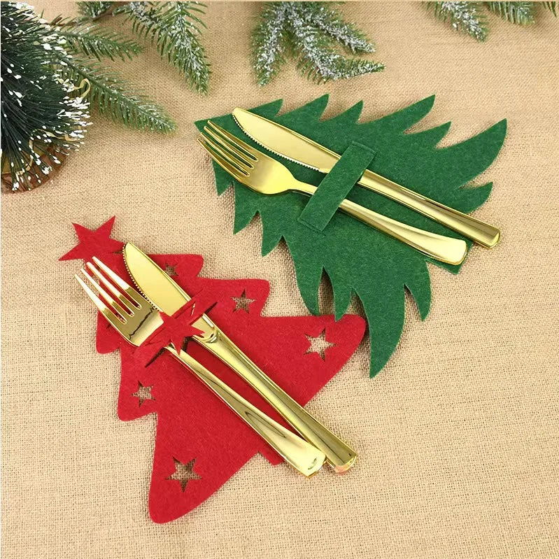 Obbty Christmas Cutlery Holder Knife Fork Spoon Pocket Bag Stars Tree Elk Tableware Cover New Year Xmas Party Dinner Table Decoration