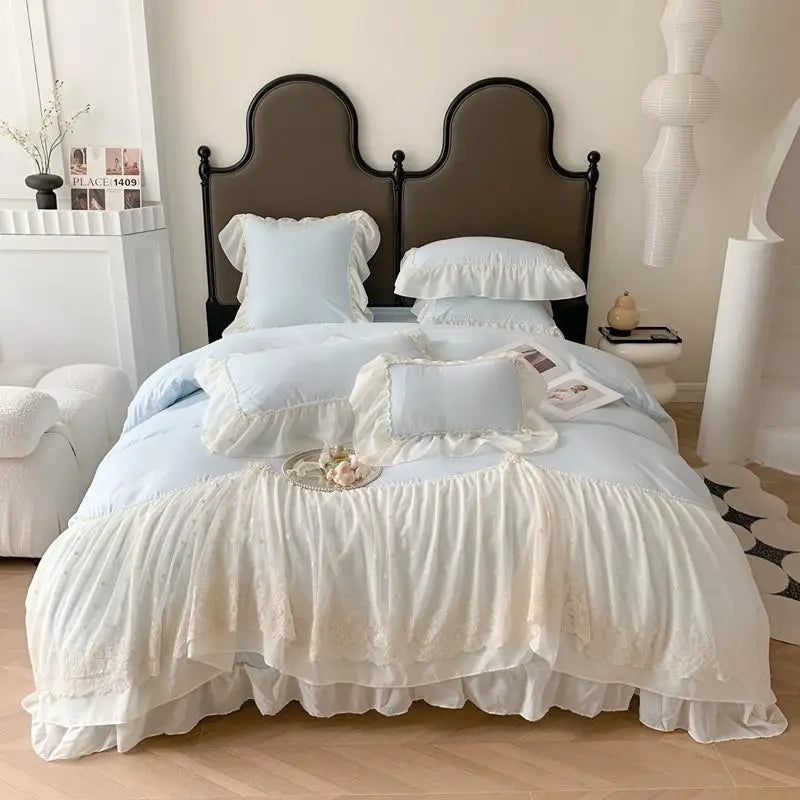 Obbty Wide Chiffon Lace Sweet Princess Style Duvet Cover+2Pillowcases Double Queen Bedding Set 3Pcs Breathable Soft for Girls Bedroom