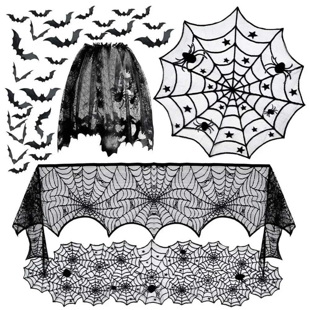 Obbty Halloween Lace Spider Web Tablecloths Black Skull Spider Web Fireplace Curtain Mantel Scarf Event Home Party Table Decorations