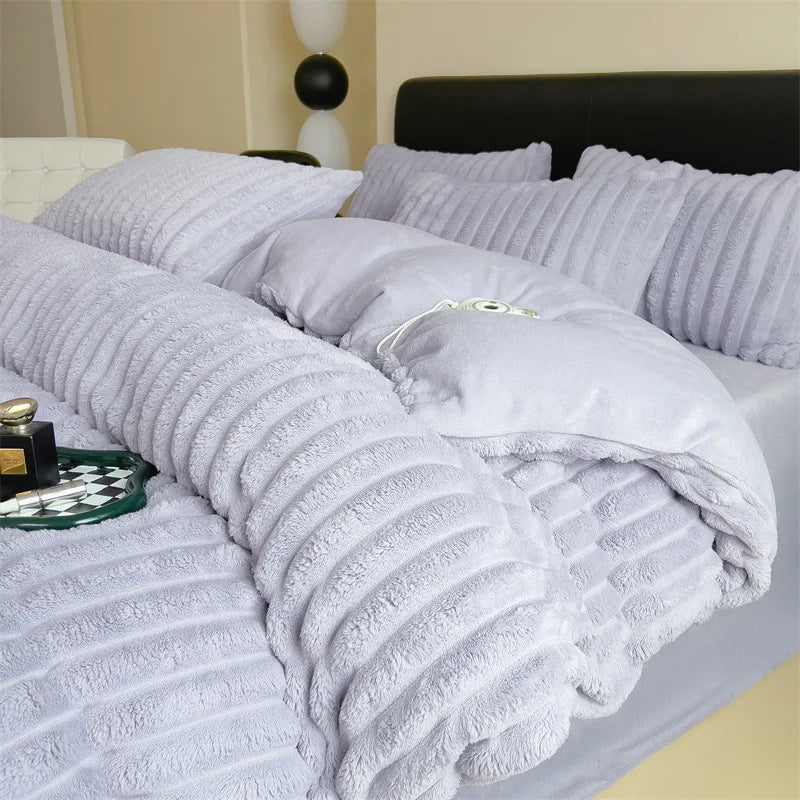 Obbty Winter Thickened Plush Warm Duvet Cover Set Solid Color Luxury High Quality Quilt Cover Sheet Pillowcase 4pcs Queen Bedding Set