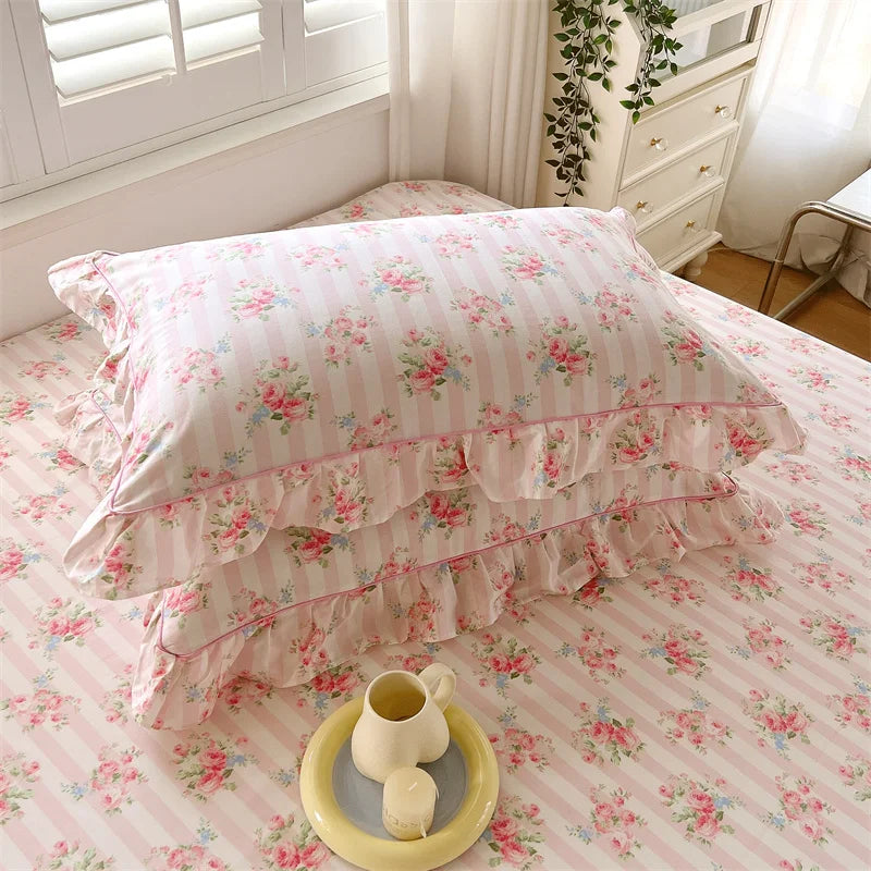 Obbty 2pcs Pillow Case 100% Cotton Pillow Cover 48x74cm Cushion Cover for Bed Floral Style Pillowslip Ruffles Pillowcase