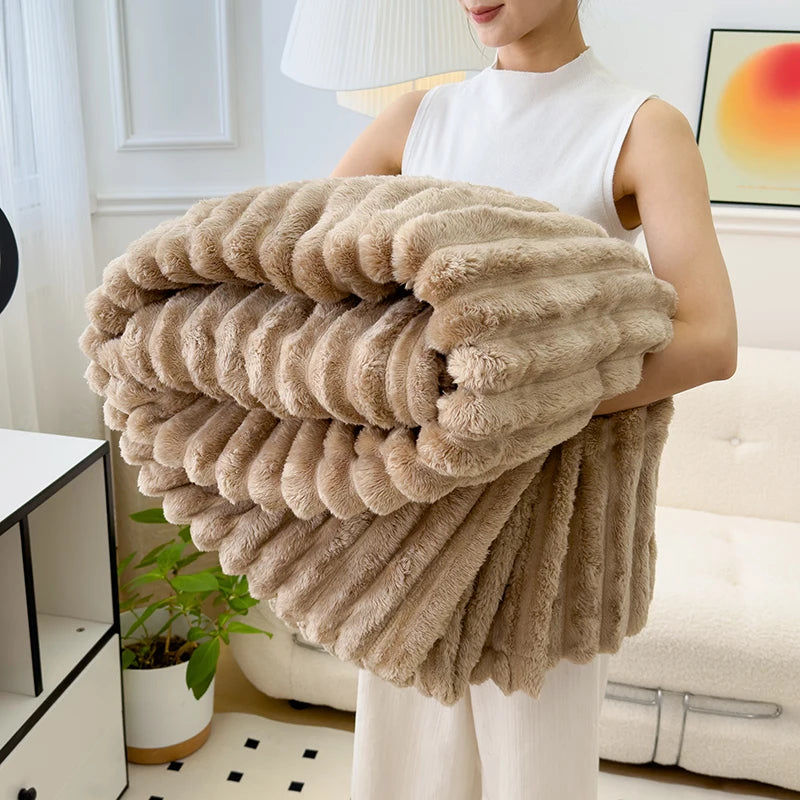 Obbty Soft Fluffy Wide Striped Blankets for Beds Air Conditioner Plush Throw Blanket Winter Bed Linen Sofa Cover Bedspread Blankets