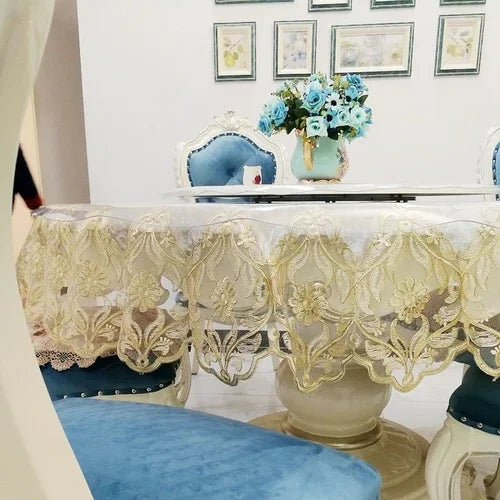 Obbty New Lace Tablecloth Pastoral Round Tablecloth Dining Table Cloths Home Embroidery Table Cover Rose Gold Decoration House Towel