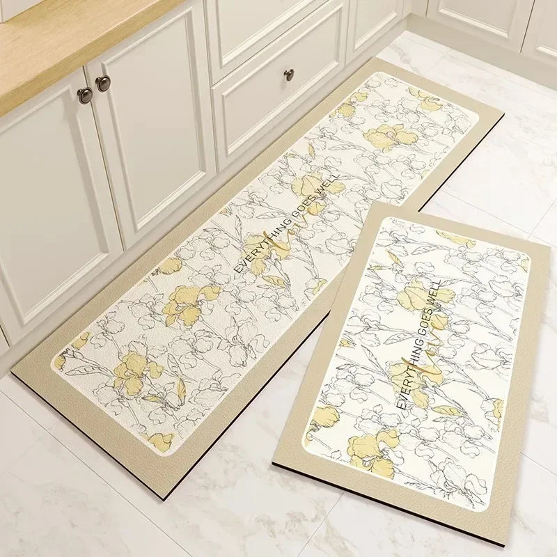 Obbty Kitchen Floor Mat PVC Leather Waterproof Carpet Non-slip Long Foot Mats Flower Pastoral Style Home Decoration Rug Vinyl Carpets