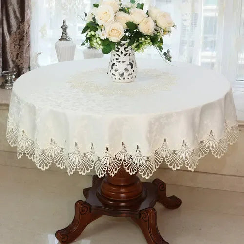 Obbty New Lace Tablecloth Pastoral Round Tablecloth Dining Table Cloths Home Embroidery Table Cover Rose Gold Decoration House Towel