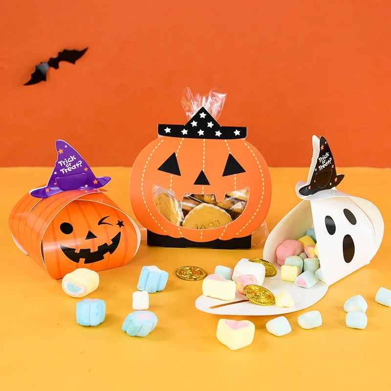 Obbty 8/10pcs Halloween Candy Box Trick Or Treat Pumpkin Ghost Cookies Gifts Boxes Kids Birthday Halloween Party Snack Decor Pack Bags