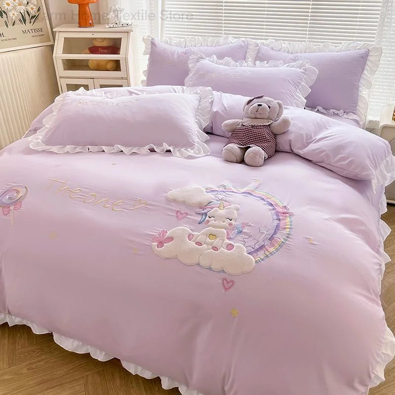 Obbty Pink Cartoon Rainbow Unicorn Bedding Set for Girls, Bed Sheet Lace Quilt Cover, Cotton, Family, Kids Bedroom Linens