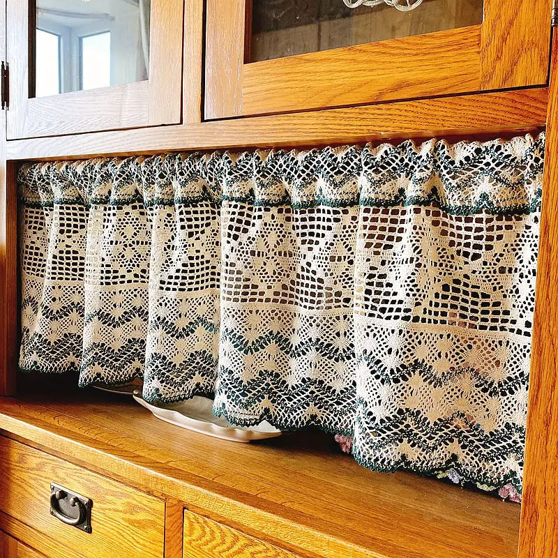 Obbty American Country Crochet Tassel Hollow Short Curtains for Kitchen Manual Rhombus Linen Geometric Half Curtains # A318