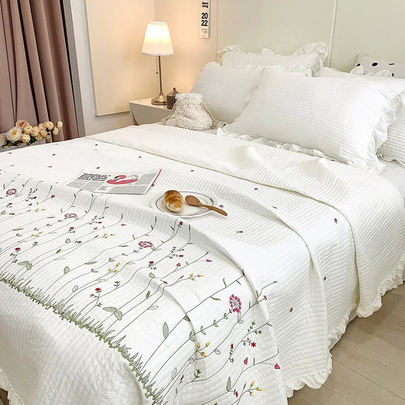 Obbty Ruffles Flowers Embroidery Summer Quilt 1/3/4 Pcs Set Princess Quilted Bedspread Air-conditioning Blanket Comforter Bedding Set