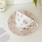 Obbty French Pink Rabbit Print Vintage Coffee Cup and Saucer Set Ceramic Cup Cute Girls' Afternoon Tea Dim & Saucer