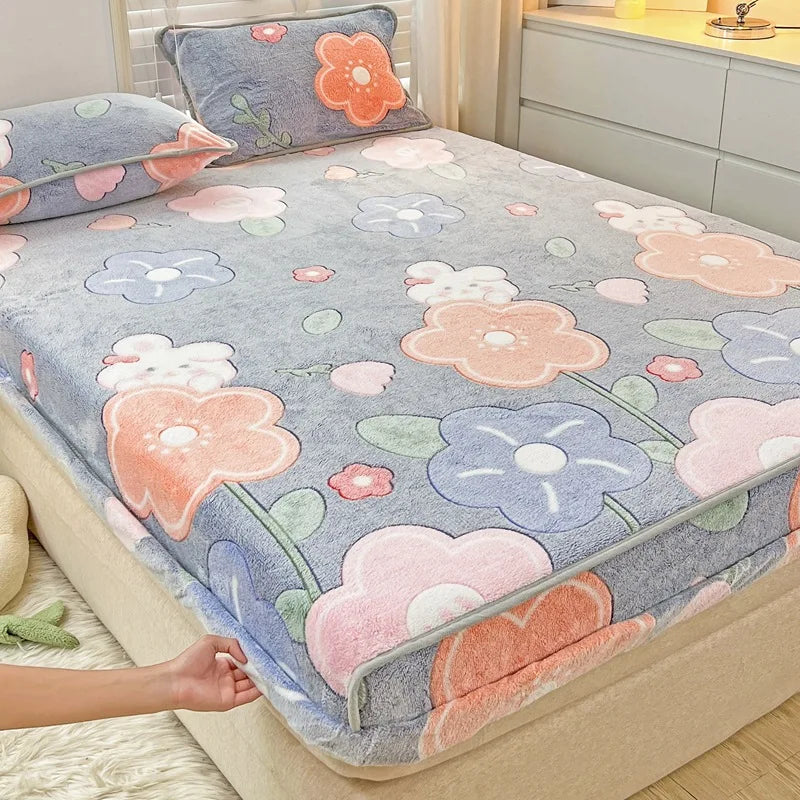 Obbty Winter Thicken Warm Coral Velvet Bed Sheet Sets Cartoon Double Bedspread Non-slip Mattress Cover Fitted Sheet with 2 Pillowcases