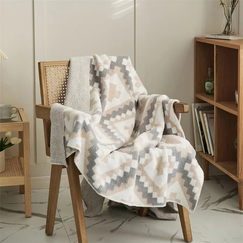 Obbty Blankets for Sofa Bed Decoration Nordic Style Half Velvet Geometric Knitted Thread Blanket Nap Cover Blanket 130x160cm