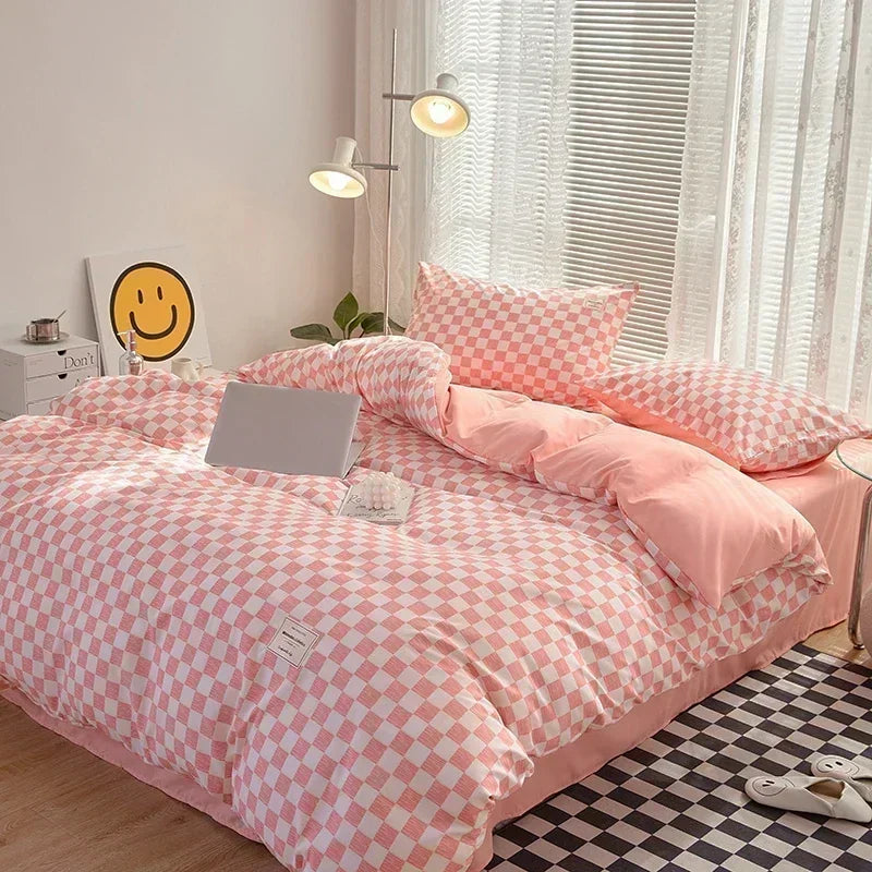 Obbty Japan Style Plaid Queen Size Duvet Cover Set with Sheets High Quality Skin Friendly Bedding Set King Single Double Bedding Sets