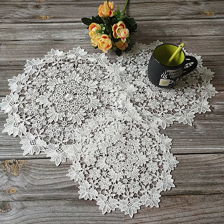 Obbty Luxury White Round Embroidered Tablecloth Coffee Coaster Cotton Napkin Lace Kitchen Placemat Wedding Decoration