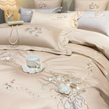 Obbty Egyptian Cotton Bedding Set Flowers Embroidery, Duvet Cover Set, Bed Sheet, Pillowcases, Luxury, Champagne Grey, Luxury, 1000TC