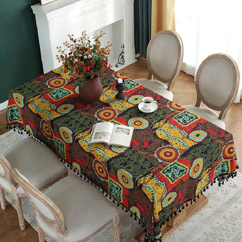 Obbty Ethnic Style Tablecloth Mayan Big Flower Rectangular Tablecloth Coffee Table Cover Birthday Wedding Set Home Table Decoration