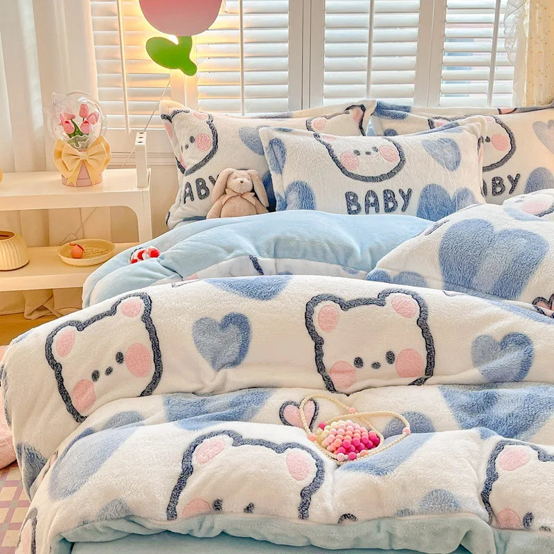 Obbty Winter Thick Warm Plush Comforter Cover Queen Bedding Sets Cartoon Quilt Cover Bed Sheet Pillowcase 4pcs Luxury Bed Linens