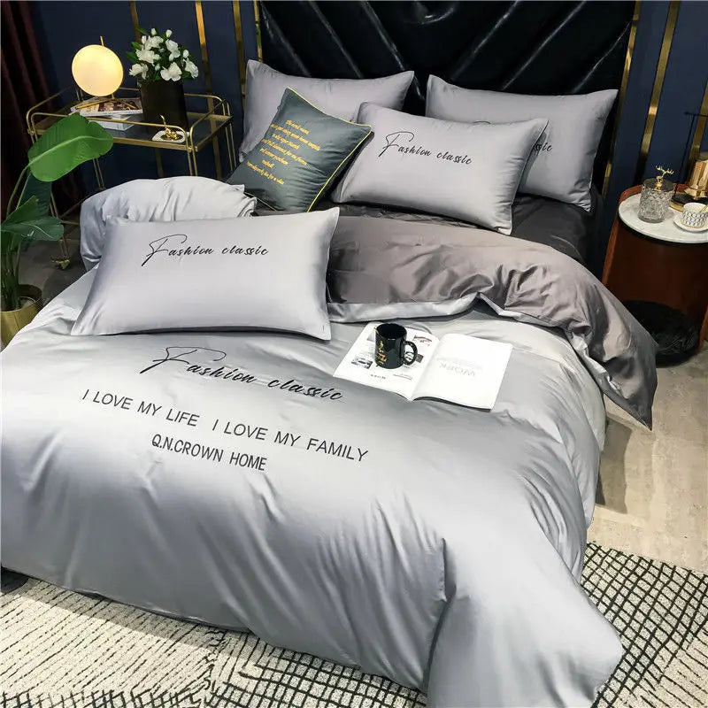 Obbty High End Skin Friendly Bedding Set Queen Luxury Embroidery Duvet Cover Set with Flat Sheet Simple Durable King Size Bedding Sets