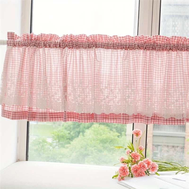 Obbty Japanese Sweet Pink Lace Short Curtains Living Room Korea Double Layer Tulle Half Curtains for Kitchen #A210