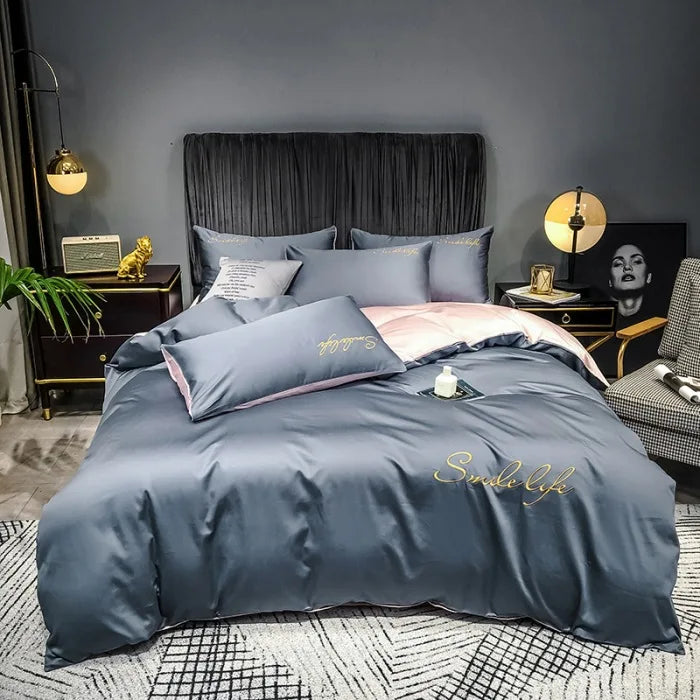 Obbty High End Skin Friendly Bedding Set Queen Luxury Embroidery Duvet Cover Set with Flat Sheet Simple Durable King Size Bedding Sets