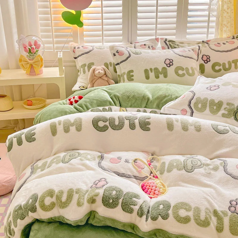 Obbty Winter Thick Warm Plush Comforter Cover Queen Bedding Sets Cartoon Quilt Cover Bed Sheet Pillowcase 4pcs Luxury Bed Linens