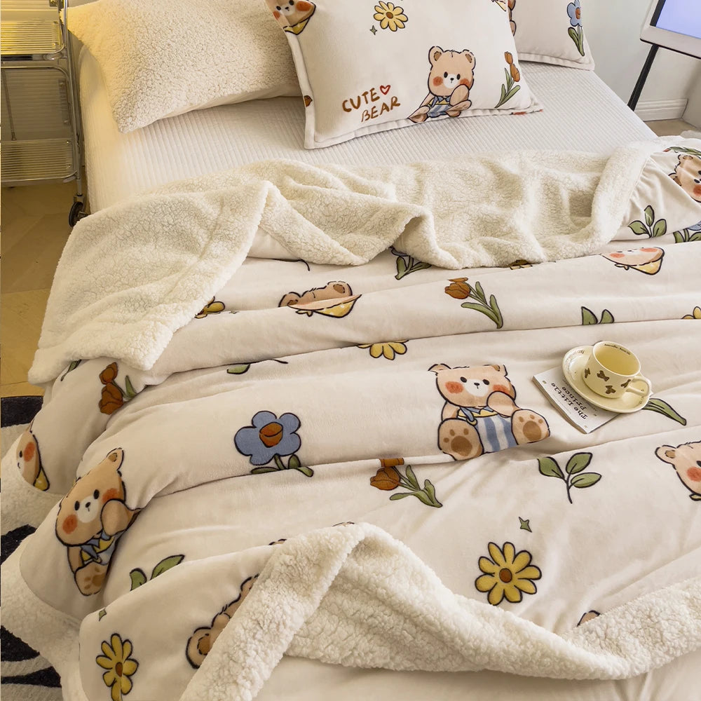 Obbty Plaid Warm Cartoon Thickened Nap Air Conditioning Blanket Double woolen blanket Bedspread on the bed Sofa Cover