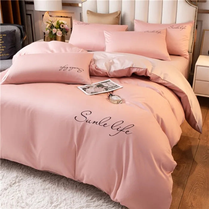 Obbty High End Skin Friendly Bedding Set Queen Luxury Embroidery Duvet Cover Set with Flat Sheet Simple Durable King Size Bedding Sets