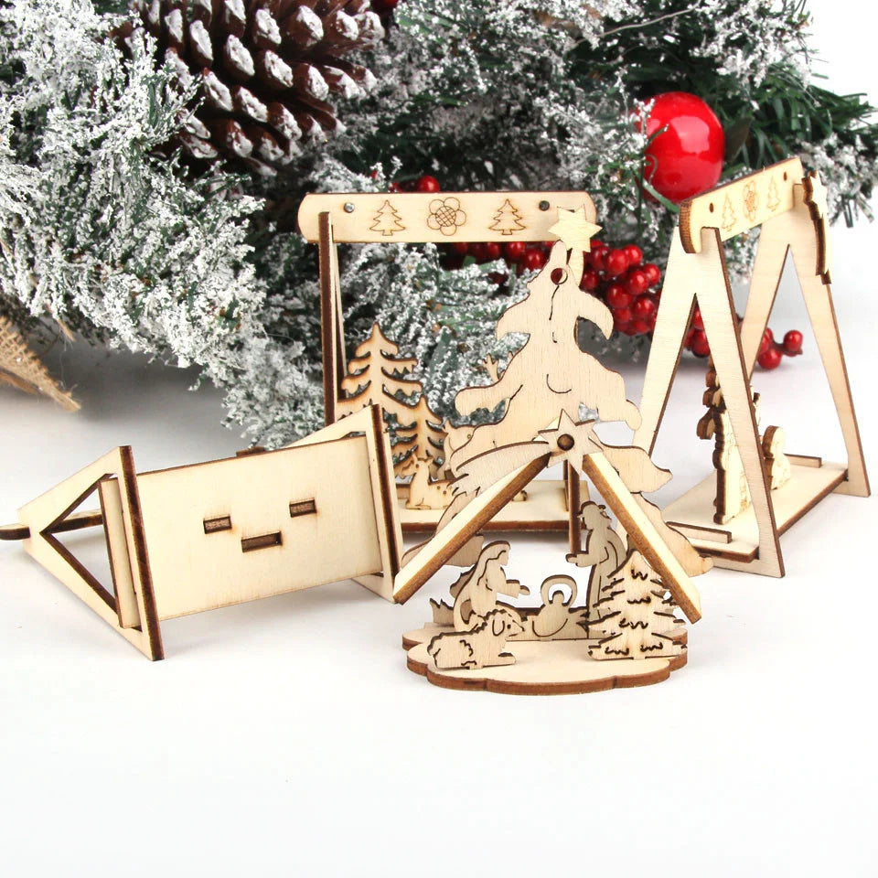 Obbty 2PCS/Lot DIY Creative Mini Hollow Christmas Wooden Ornaments For Home Christmas Party Ornament Decorations Kids Gift Supplies