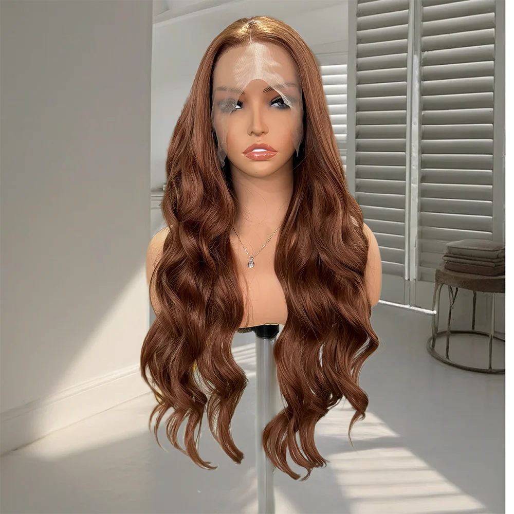 Obbty Brown Wig Body Wave Synthetic Lace Front Wigs For Women Synthetic Hair Natural Hairline Deep Wave Lace Wig Cosplay Ready to Wear