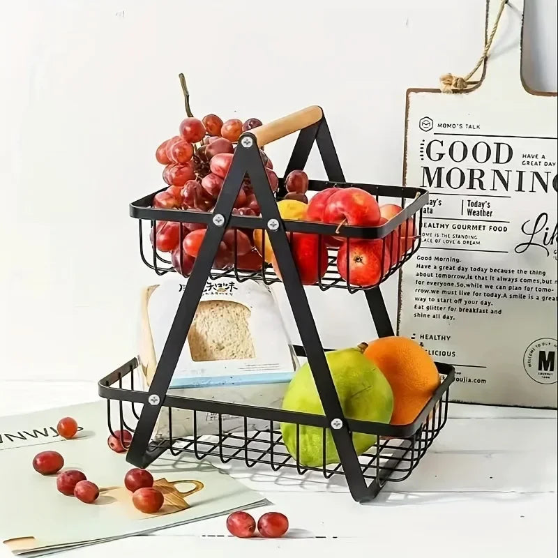 Obbty Countertop Fruit Vegetable Basket Removable Kitchen Organizer Shelf with Wooden Handle Bathroom Cosmetic Stand Storage Holder