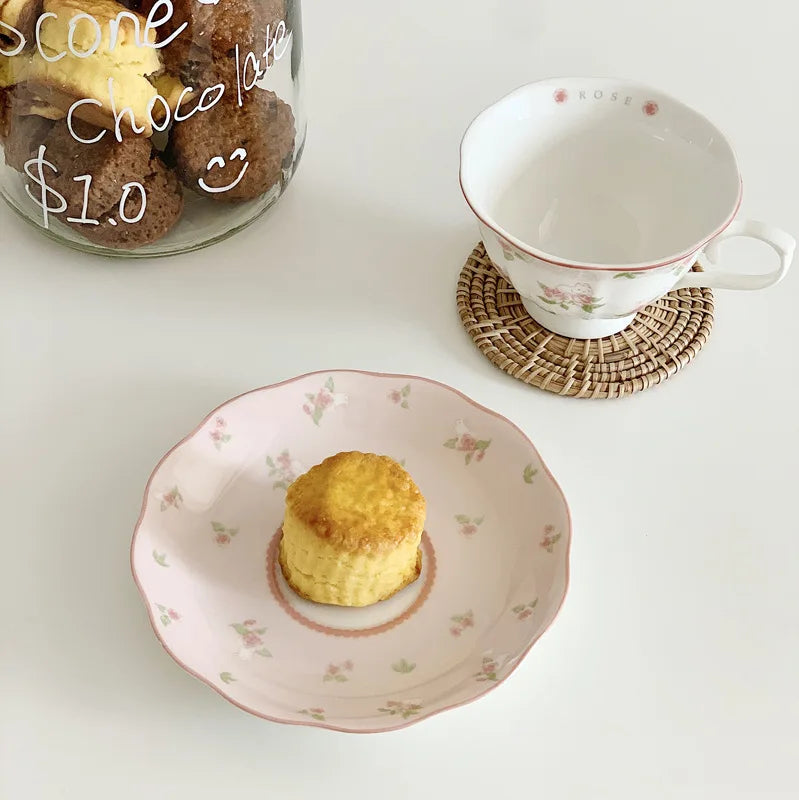 Obbty French Pink Rabbit Print Vintage Coffee Cup and Saucer Set Ceramic Cup Cute Girls' Afternoon Tea Dim & Saucer