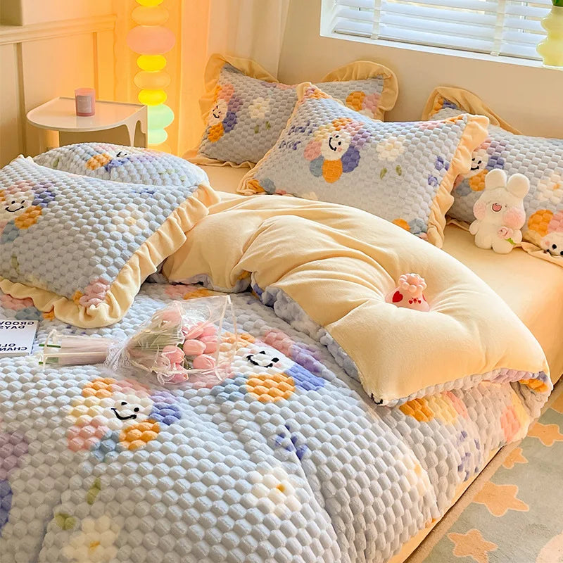 Obbty Winter Cartoon Plush Warm Duvet Cover Set with Sheet Pillowcase 4pcs Bedding Set Home Textiles Luxury Queen Size Bed Linens Set