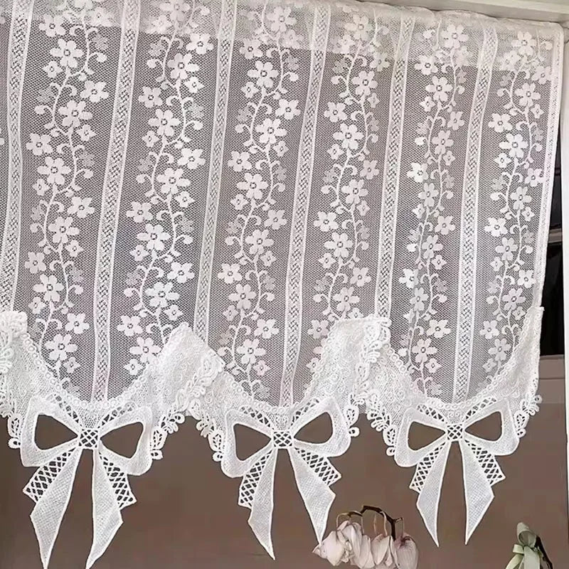 Obbty French Aesthetic Retro Bows Lace Short Tulle Curtains White Fine Woven Flower Jacquard Sheer Half Coffee Curtain Door Drapes