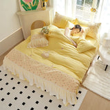 Obbty Washed Cotton Four-piece Set Korean Princess Style Ruffled Bed Sheet Quilt Cover Set Bed Skirt Style Ins Style Bed Three-piece