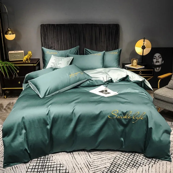 Obbty High End Skin Friendly Bedding Set Queen Luxury Embroidery Duvet Cover Set with Flat Sheet Simple Durable King Size Bedding Sets