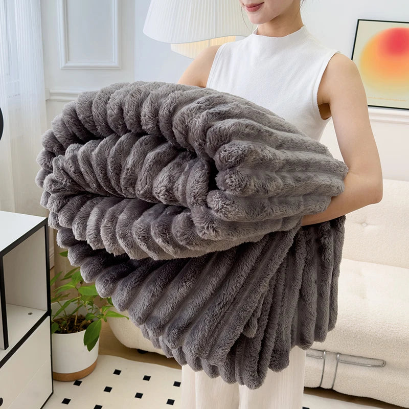 Obbty Soft Fluffy Wide Striped Blankets for Beds Air Conditioner Plush Throw Blanket Winter Bed Linen Sofa Cover Bedspread Blankets