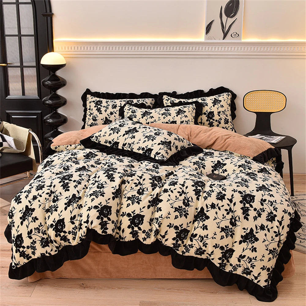 Obbty Luxury Winter Warm Milk Velvet Bedding Set Thickened French Retro Princess Double-Sided Coral Velvet Four Piece Sets Black Lace