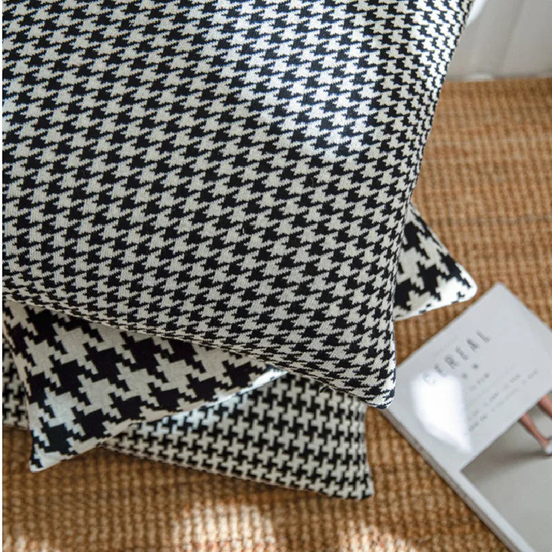 Obbty Cotton Houndstooth Knitting Cushion Covers 45x45cm Black and White Pillow Case for Living Room Decoration Sofa Pillow Cover