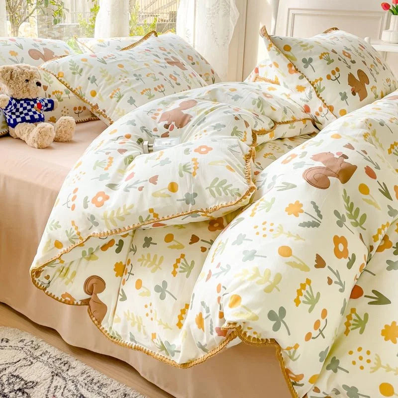 Obbty Pastoral Girls Flower Bedding Sets, Washed Cotton Bed Linens, Soft Quilt Cover Sheet Set, Simple Bedspread, Home Textiles