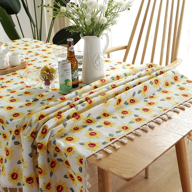 Obbty Sunflower Flower Tablecloth Cotton and Linen Tassel Rectangular Tablecloth Waterproof and Oil-proof Table Cloth Home Decoration