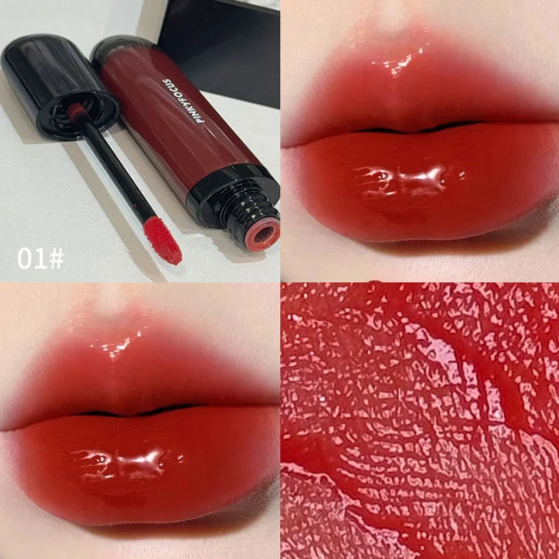 Obbty Red Brown Mirror Lip Glaze Water Light Moisturizing Non-stick Cup Highly Pigmented Red Liquid Lipstick Lip Tint Makeup Cosmetics