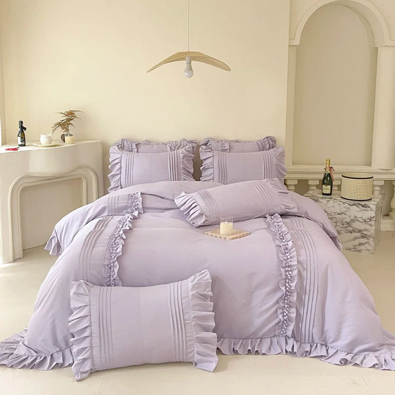 Obbty Korean Princess Style Lace Ruffles Bedding Set Solid Color Duvet Cover Set Flat/Fitted Bed Sheet Pillowcases With Pillowcases