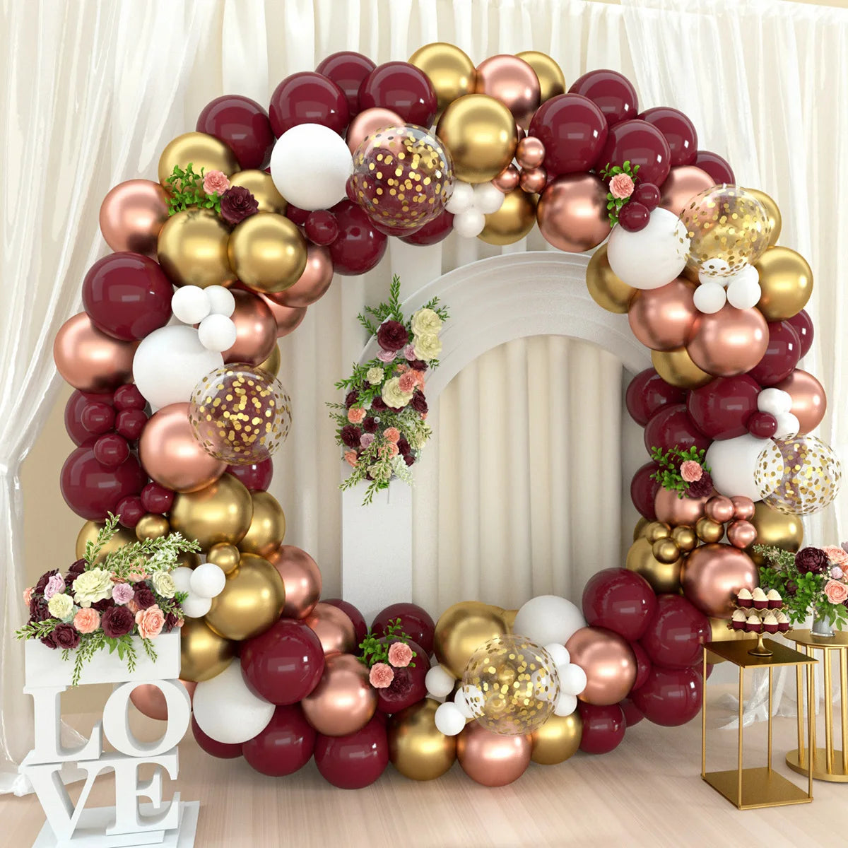 Obbty 1Set Burgundy Wine Red Balloons Garland Kit Ruby Red Balloon Arch Gold Chrome Balloons Valentines Day Decor Wedding Party Decor