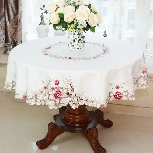 Obbty New Lace Tablecloth Pastoral Round Tablecloth Dining Table Cloths Home Embroidery Table Cover Rose Gold Decoration House Towel