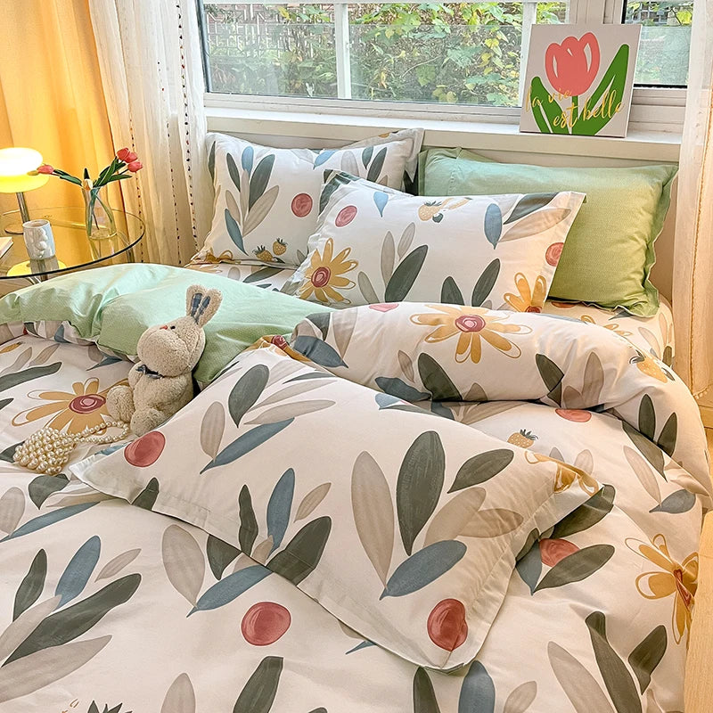 Obbty Green Leaves Floral Duvet Cover Bedding Set 100% Cotton for Teen Girls Garden Botanical Comforter Cover for All Season Bedroom