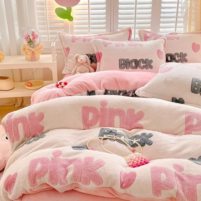 Obbty Winter Thick Warm Plush Comforter Cover Queen Bedding Sets Cartoon Quilt Cover Bed Sheet Pillowcase 4pcs Luxury Bed Linens