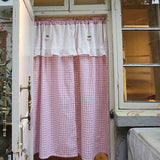 Obbty South Korean Sweetly Pink Plaid Door Curtain for Kitchen Lace Double Layer Checkered Curtains Cloth for Living Room