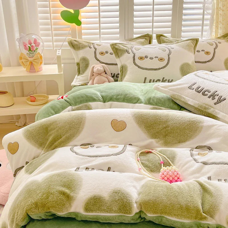 Obbty Winter Thick Warm Plush Comforter Cover Queen Bedding Sets Cartoon Quilt Cover Bed Sheet Pillowcase 4pcs Luxury Bed Linens