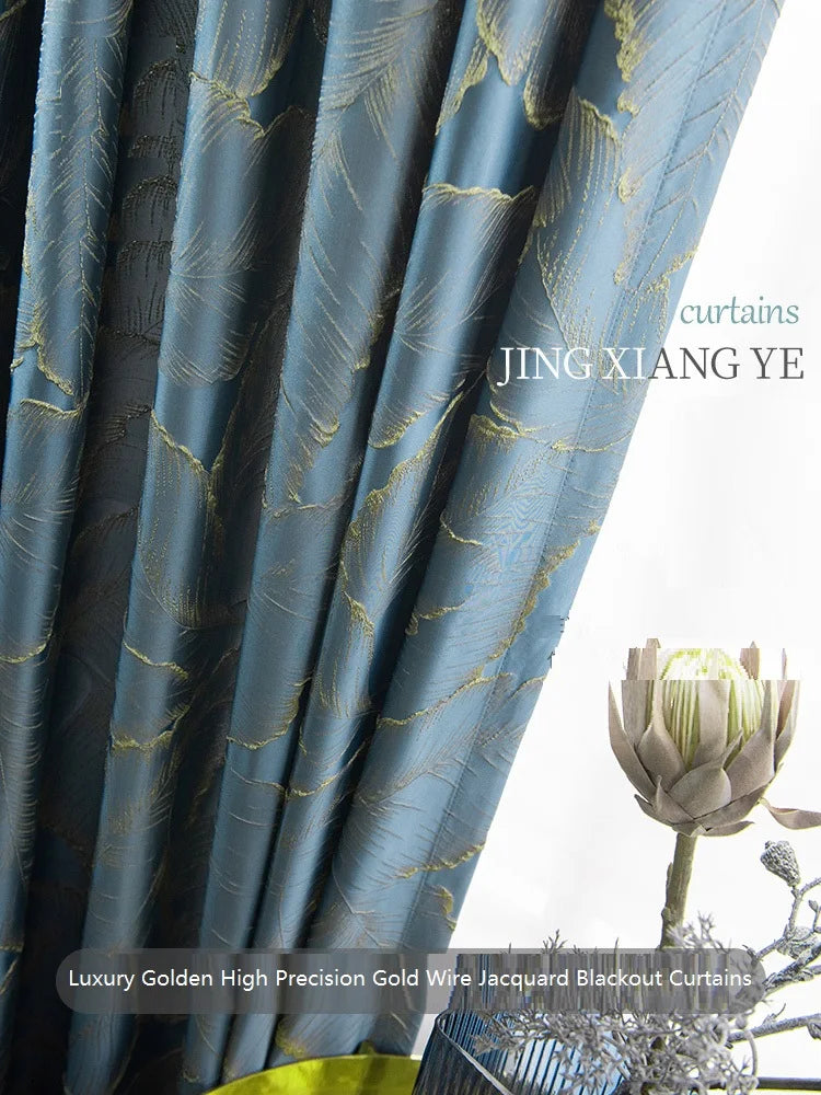 Obbty Luxury Golden High Precision Blackout Curtains for Living Room Modern Gold Wire Jacquard Leaf Light-Protective Window Drapes