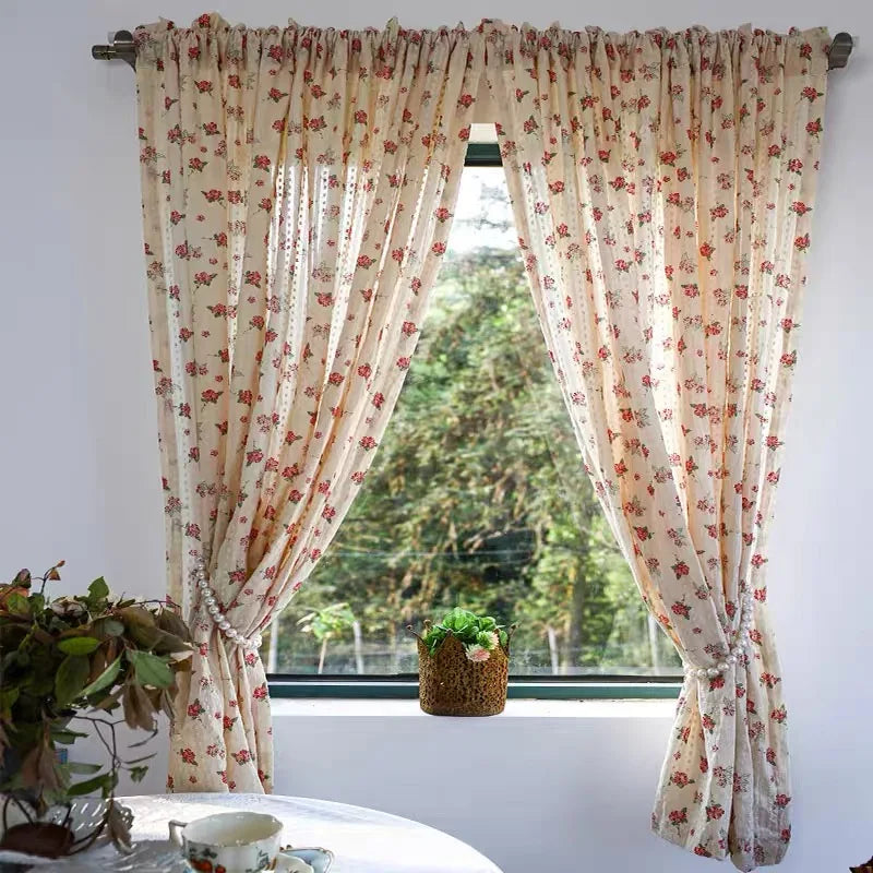 Obbty American Flowers Tulle Short Curtains for Living Room Korean Pastoral Floral Half Curtains for Kitchen Bedroom #A493